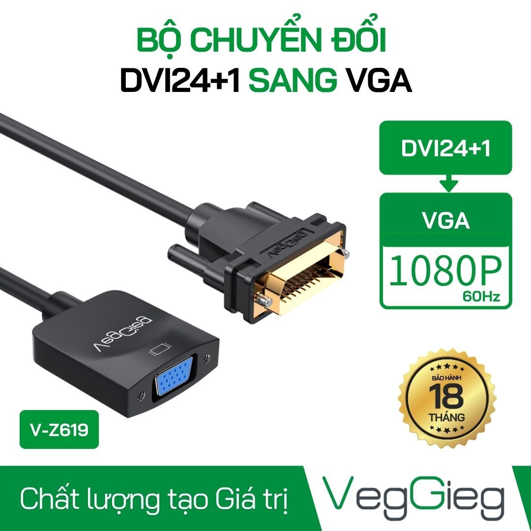 Đầu chuyển đổi DVI to VGA Dài 15Cm VegGieg V-Z619